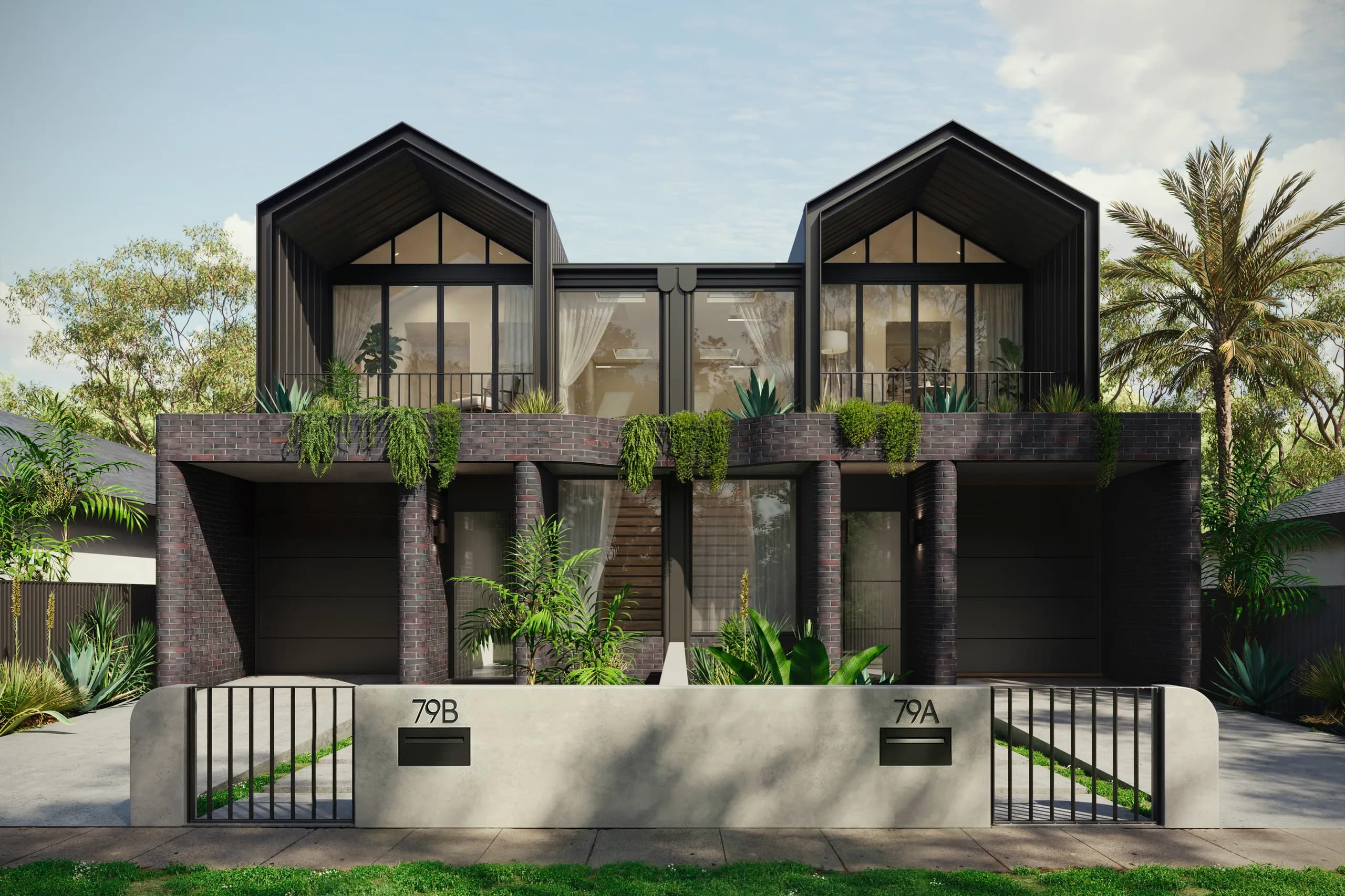 Facade detail of Alder showing black Colorbond Klip-Lok cladding and Bowral Blue brickwork