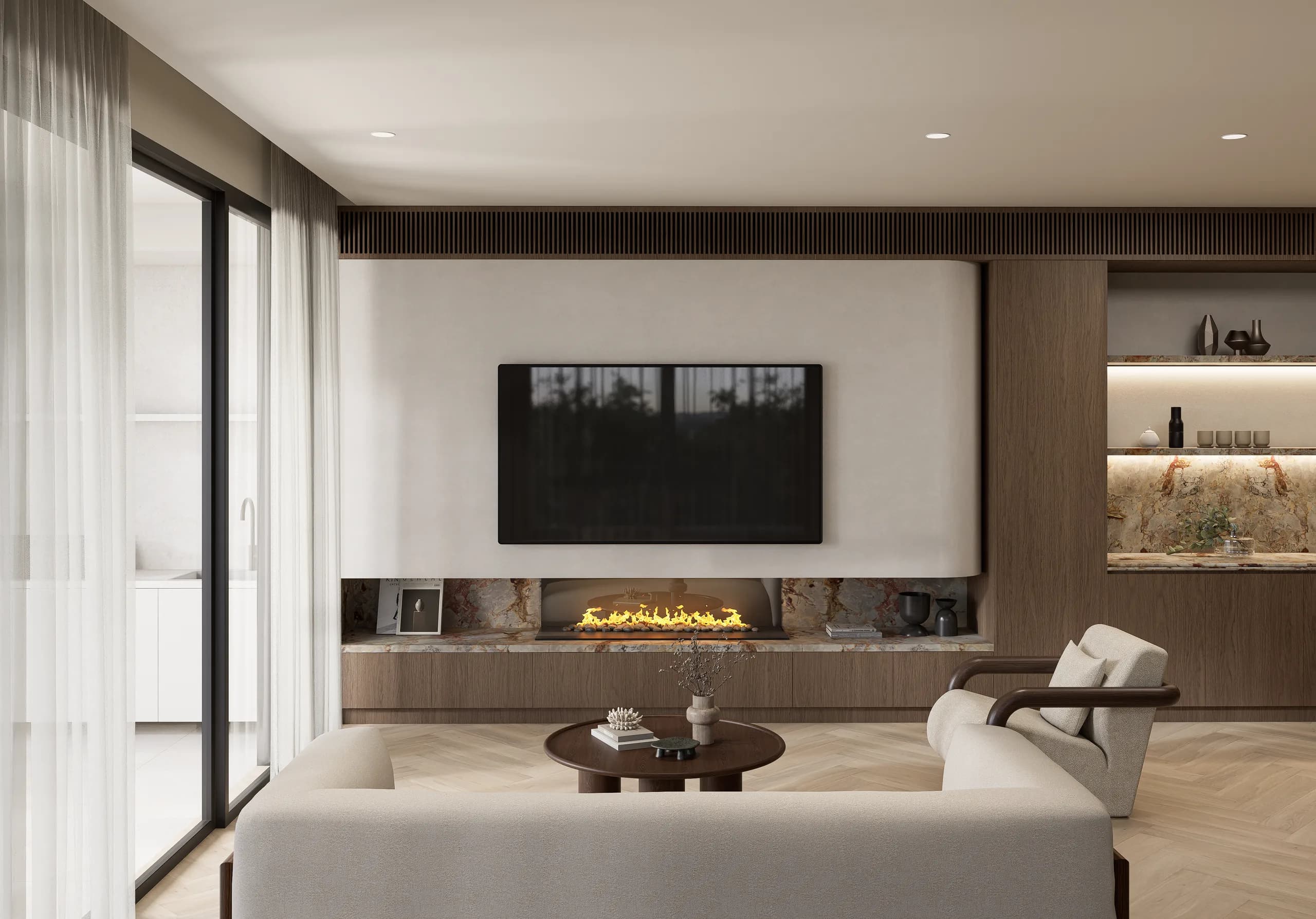 Living room at Alder with antique-white oak floors, linen sofas and full-height glazing to the garden