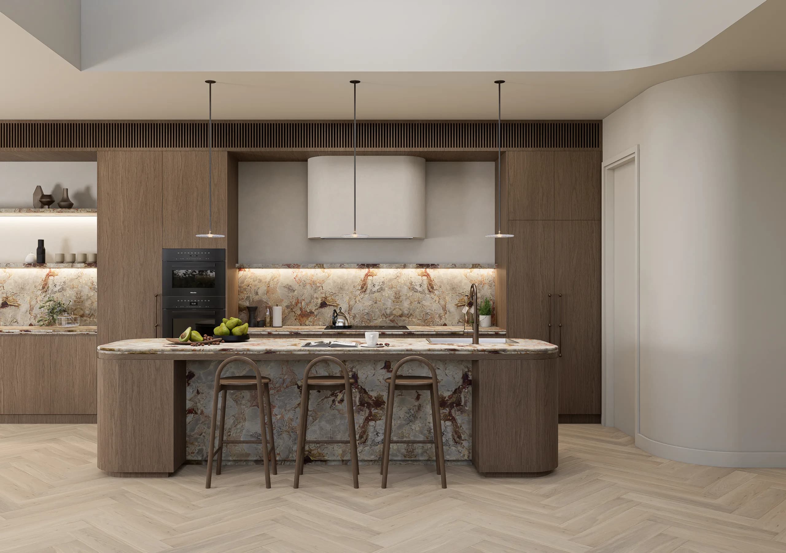 Kitchen at Alder with a Breccia Cascade marble island bench, Hazel Oak joinery and brushed bronze tapware