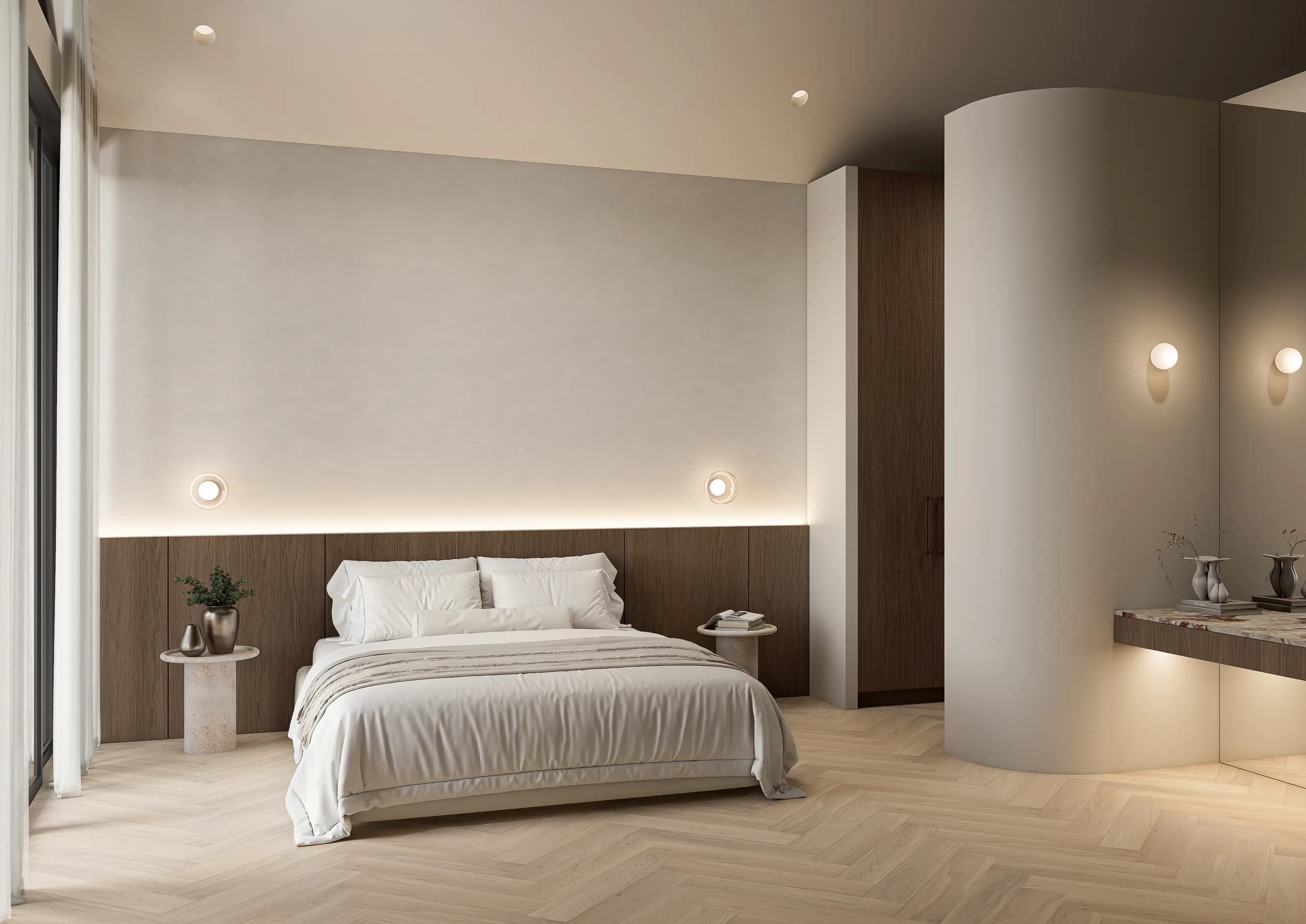 Master bedroom at Alder beneath the gabled ceiling with a private planted balcony