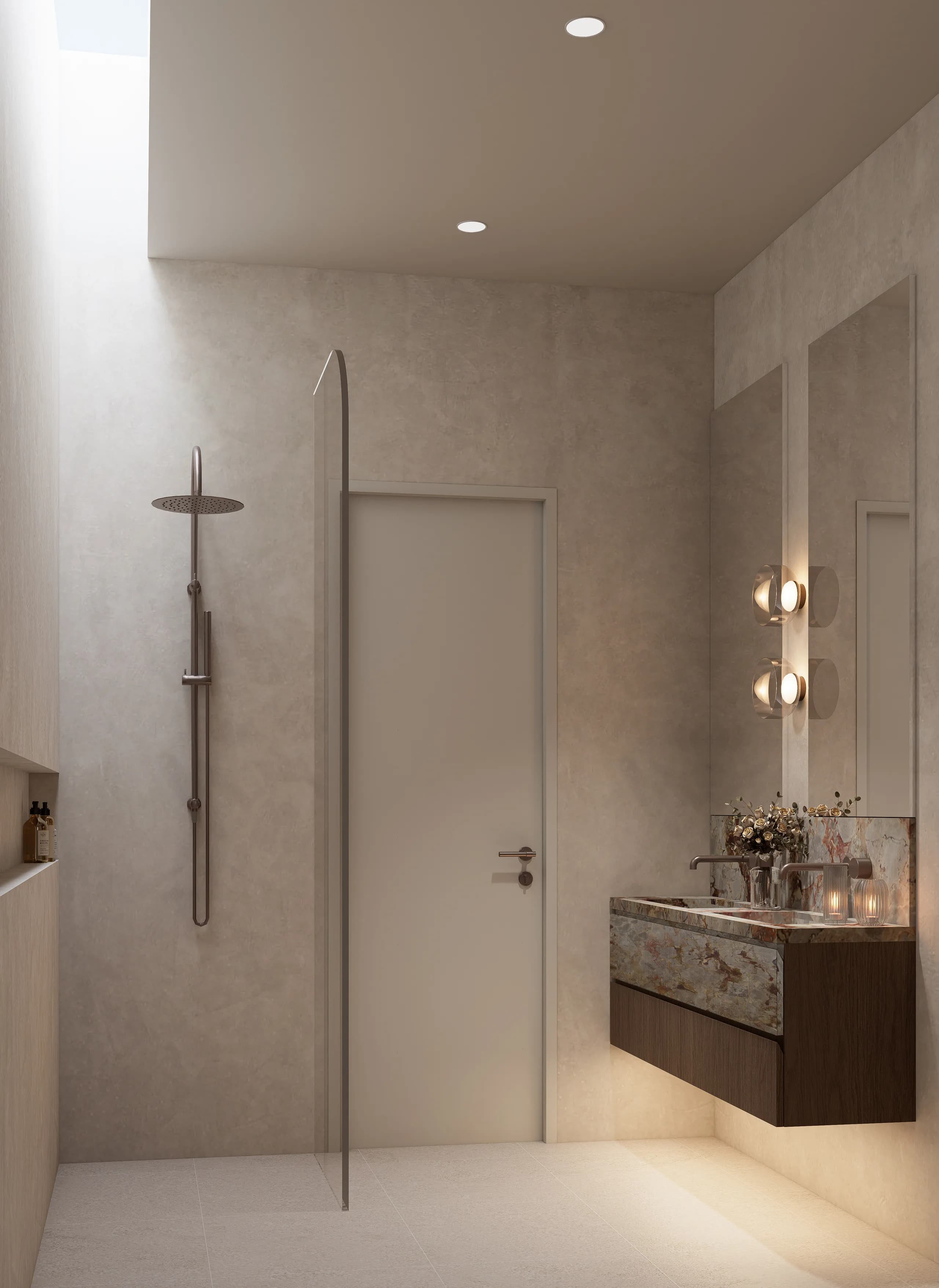 Master ensuite at Alder with floor-to-ceiling stone tiling, a freestanding bath and brushed bronze tapware