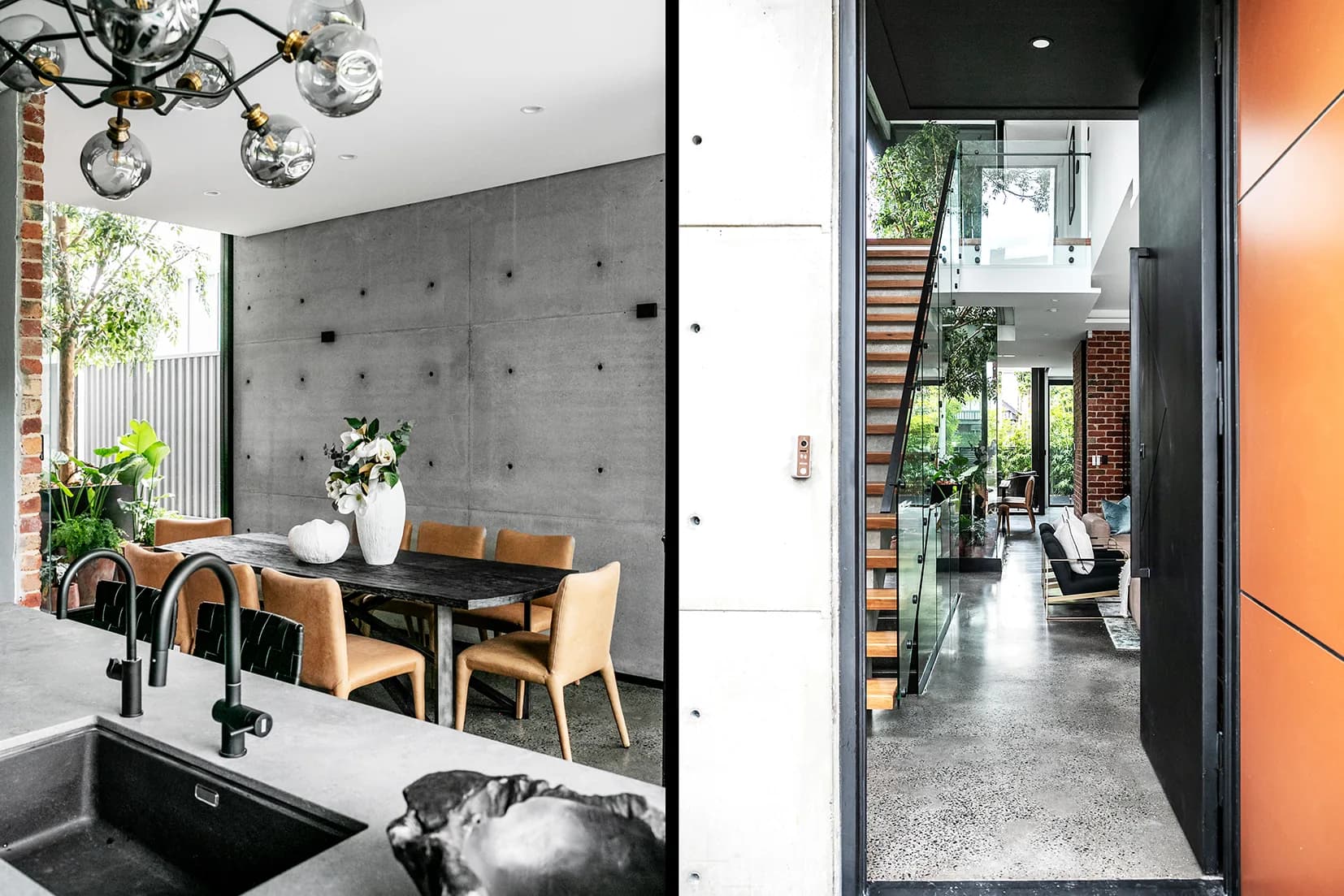 Dining space at The Arc against an off-form concrete wall with a sculptural pendant