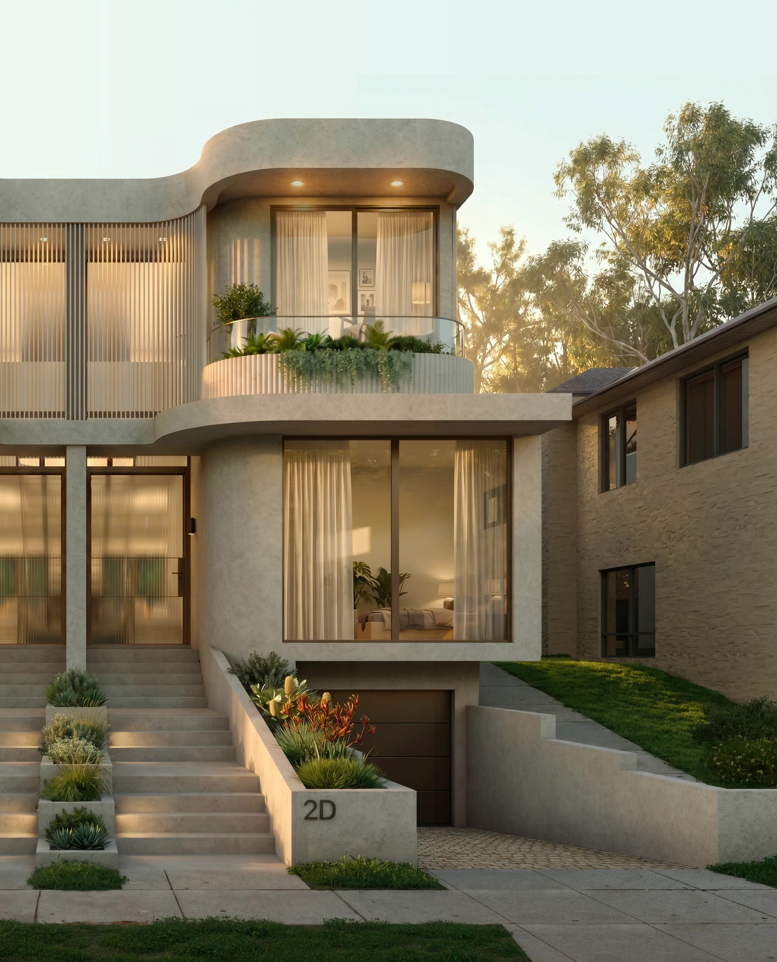 Ecru facade at dusk with warm interior light glowing through fluted glass and sheer curtains