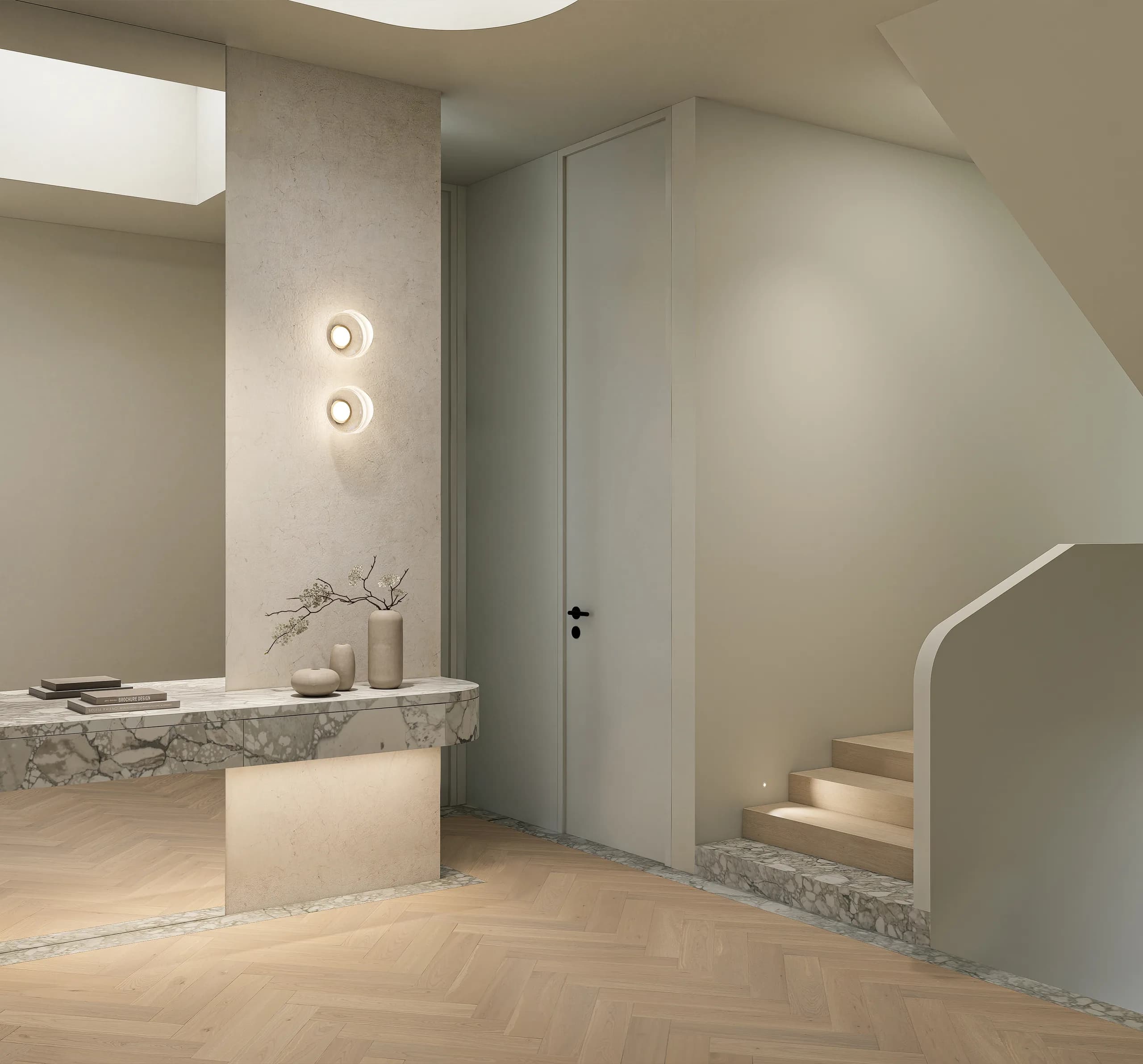 Entry at Ecru with fluted glass doors, travertine steps and layered coastal planting