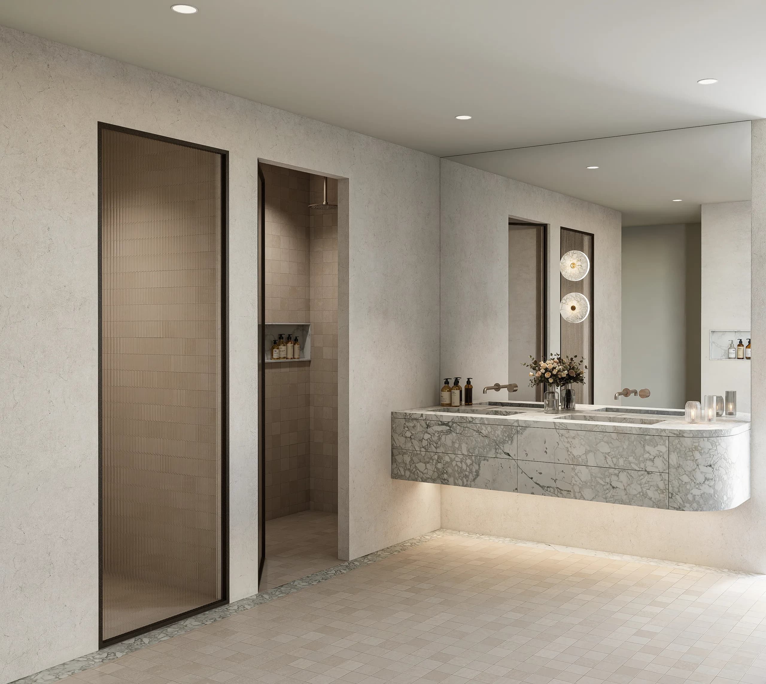 Master ensuite at Ecru with a curved freestanding bath and floor-to-ceiling travertine