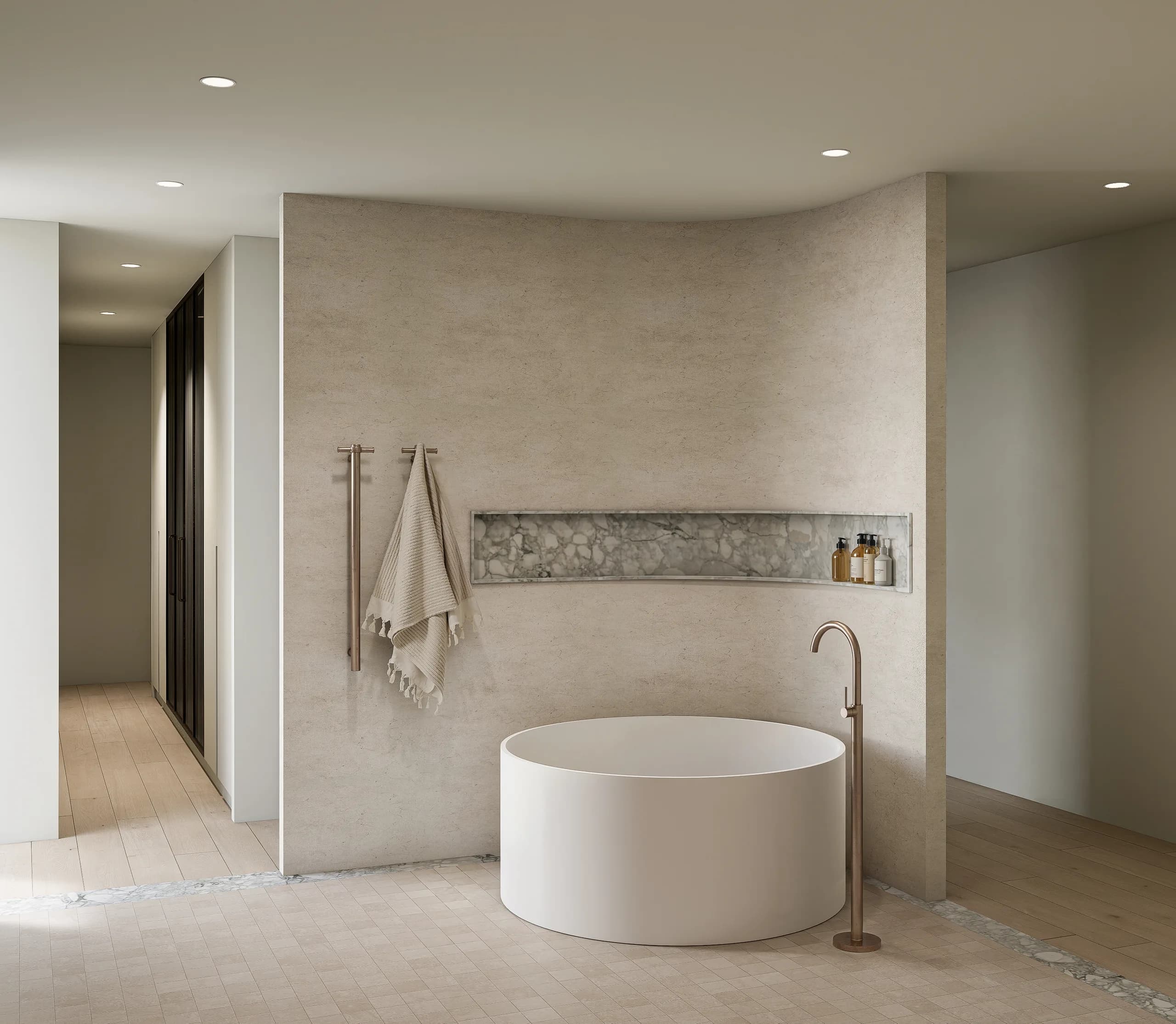 Detail of the Ecru master ensuite vanity in honed stone with brushed tapware